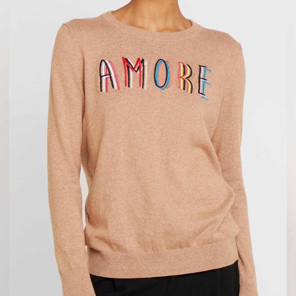 GAP Amore Love Embroidered Graphic Tan Sweater 100% Cotton XS NWT Lightweight
